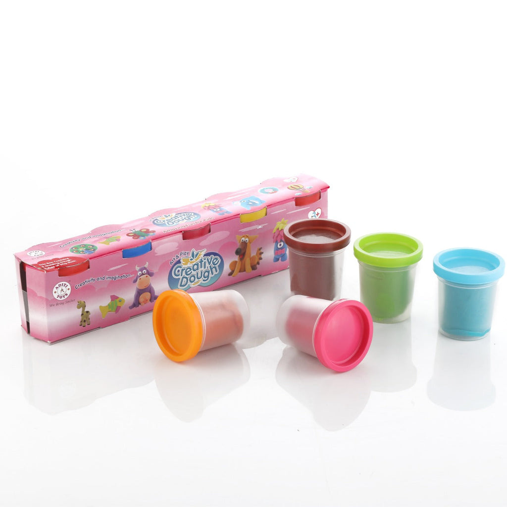 Five tubs of non-toxic dough clay, each a different bright color for sensory play.