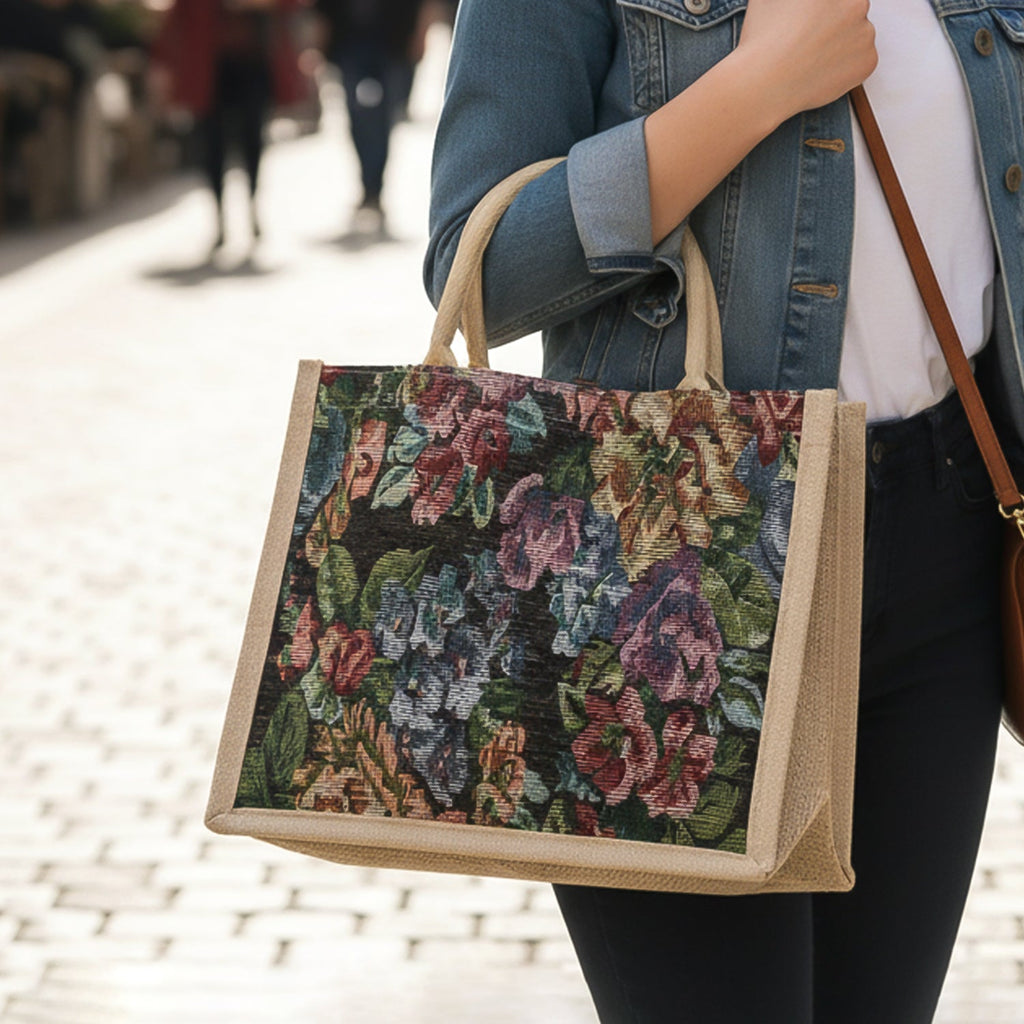Front view of multipurpose floral print carry hand bag