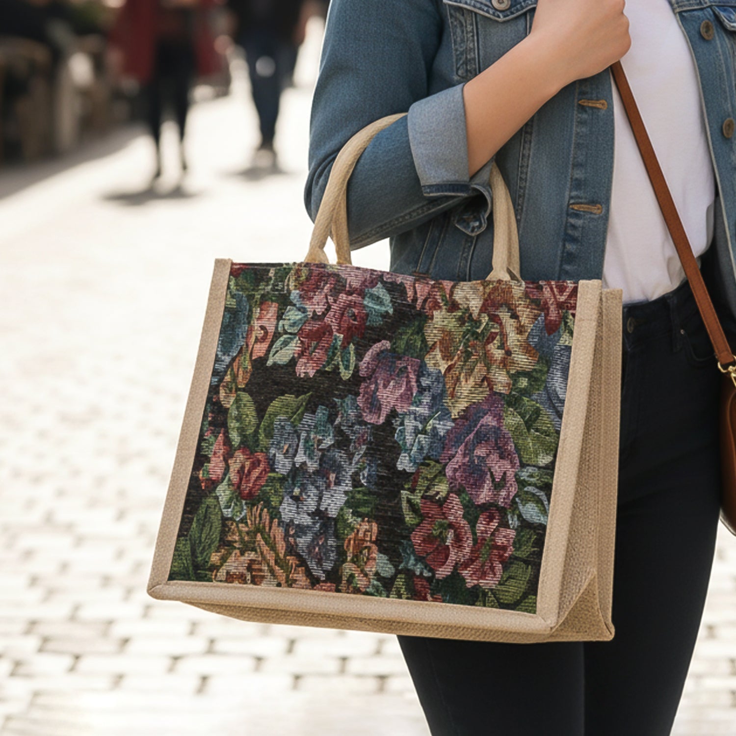 Front view of multipurpose floral print carry hand bag
