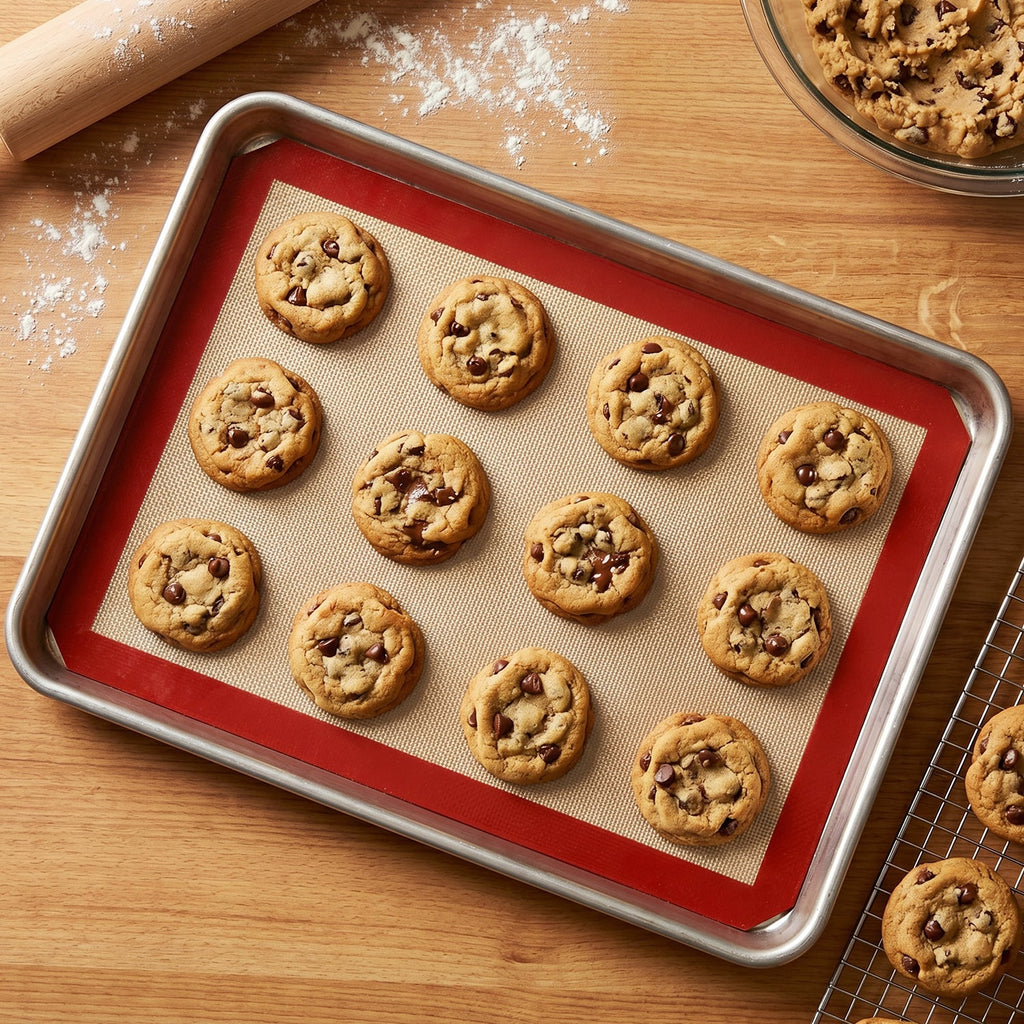 Flexible and reusable silicone baking sheets for oven cooking