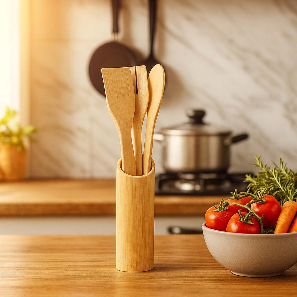Bamboo spatulas neatly stored in the bamboo holder