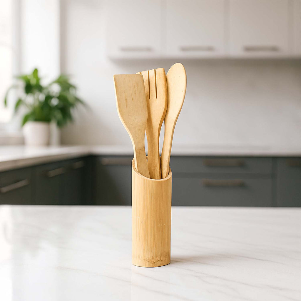 Set of three bamboo spatulas designed for mixing and serving