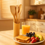 Close-up of bamboo spatula with smooth finish for non-stick cookware