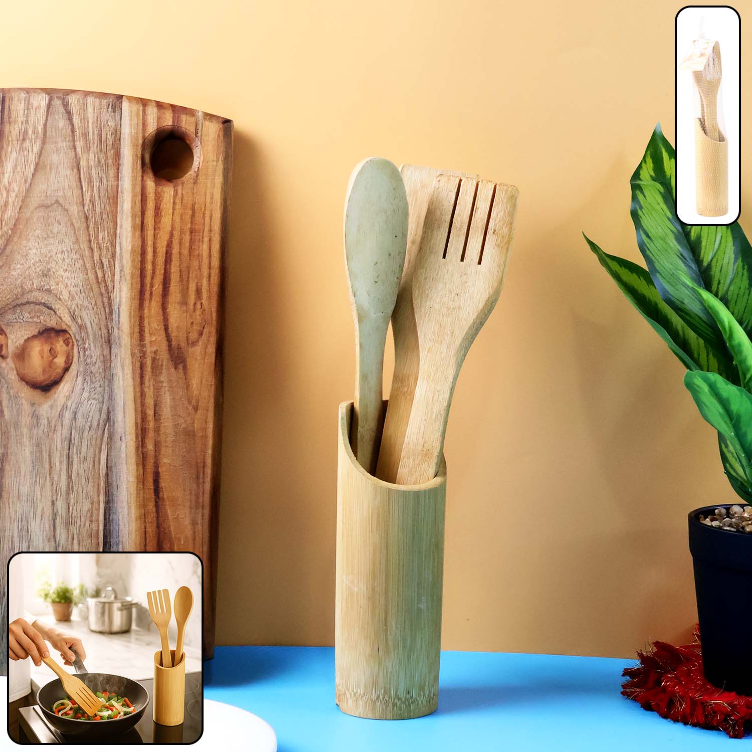 Eco-friendly bamboo spatula set with holder on kitchen countertop