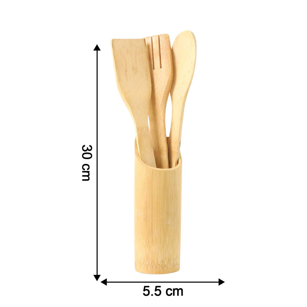 Dimensions of bamboo spatulas and holder for kitchen use