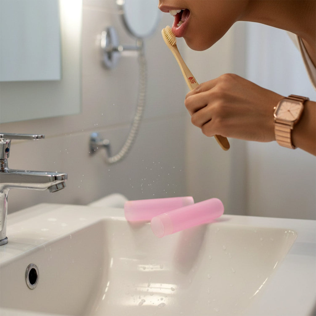Adult hand holding the compact 2-in-1 Toothbrush, showing its ergonomic design.