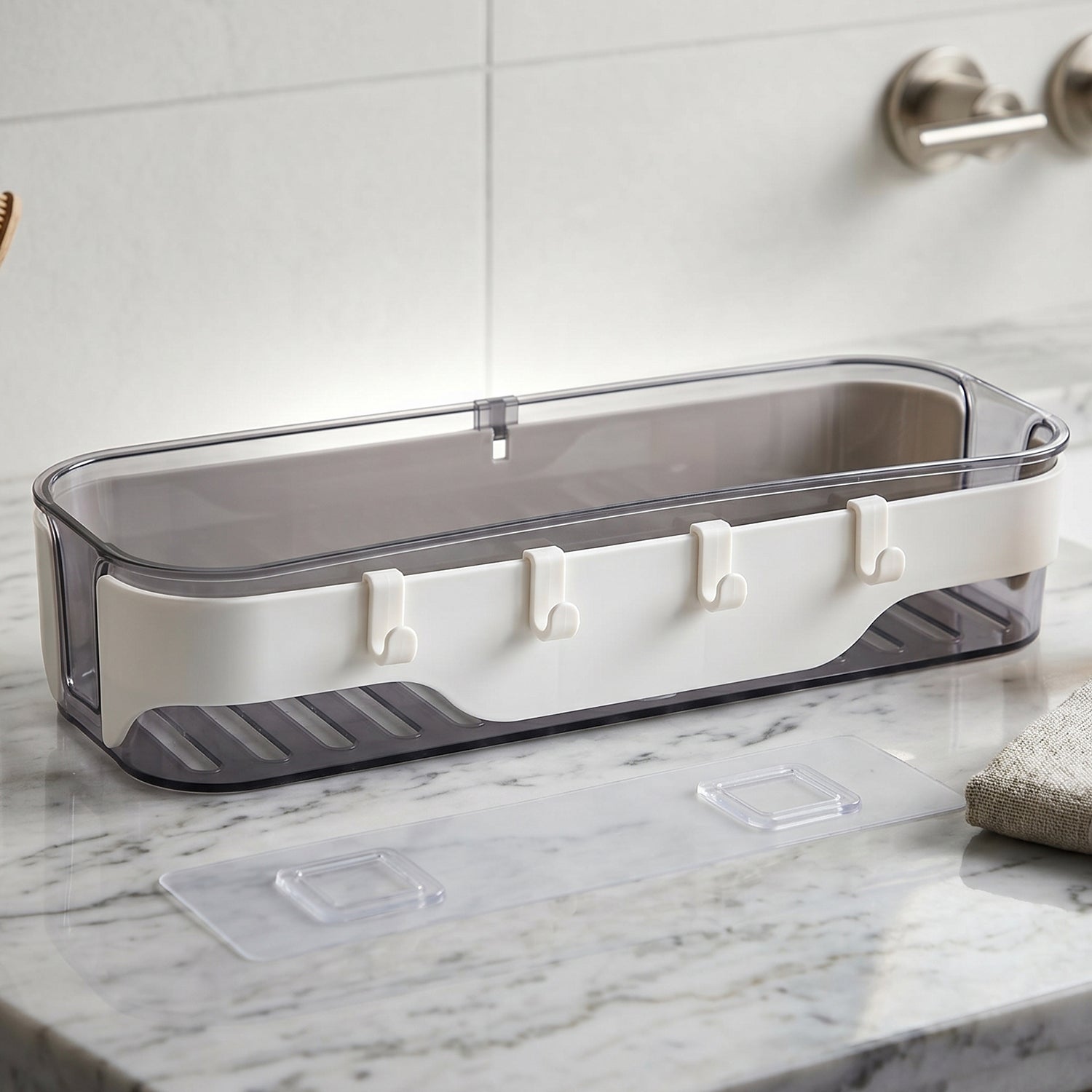 Wall-mounted transparent bathroom storage shelf with hooks for towels and toiletries