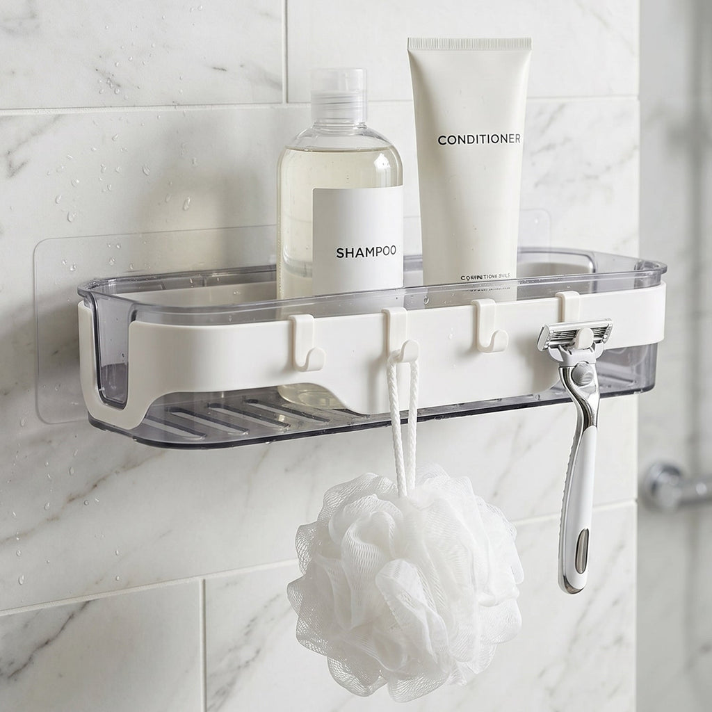 Bathroom wall organizer shelf with personal care products