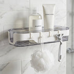 Bathroom wall organizer shelf with personal care products