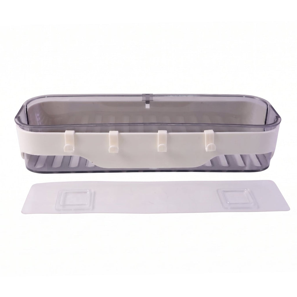 Space-saving bathroom storage rack with integrated hanging hooks