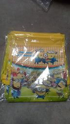 Assortment of party favor bags in various bright designs, featuring the drawstring style.
