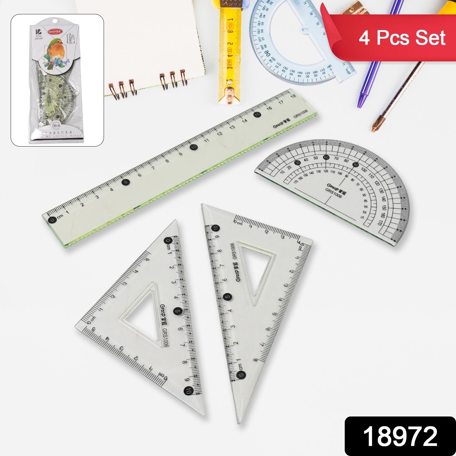Clear plastic geometry set tools including ruler and protractor for student use
