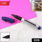 Close-up of blue permanent marker pen showing ergonomic grip