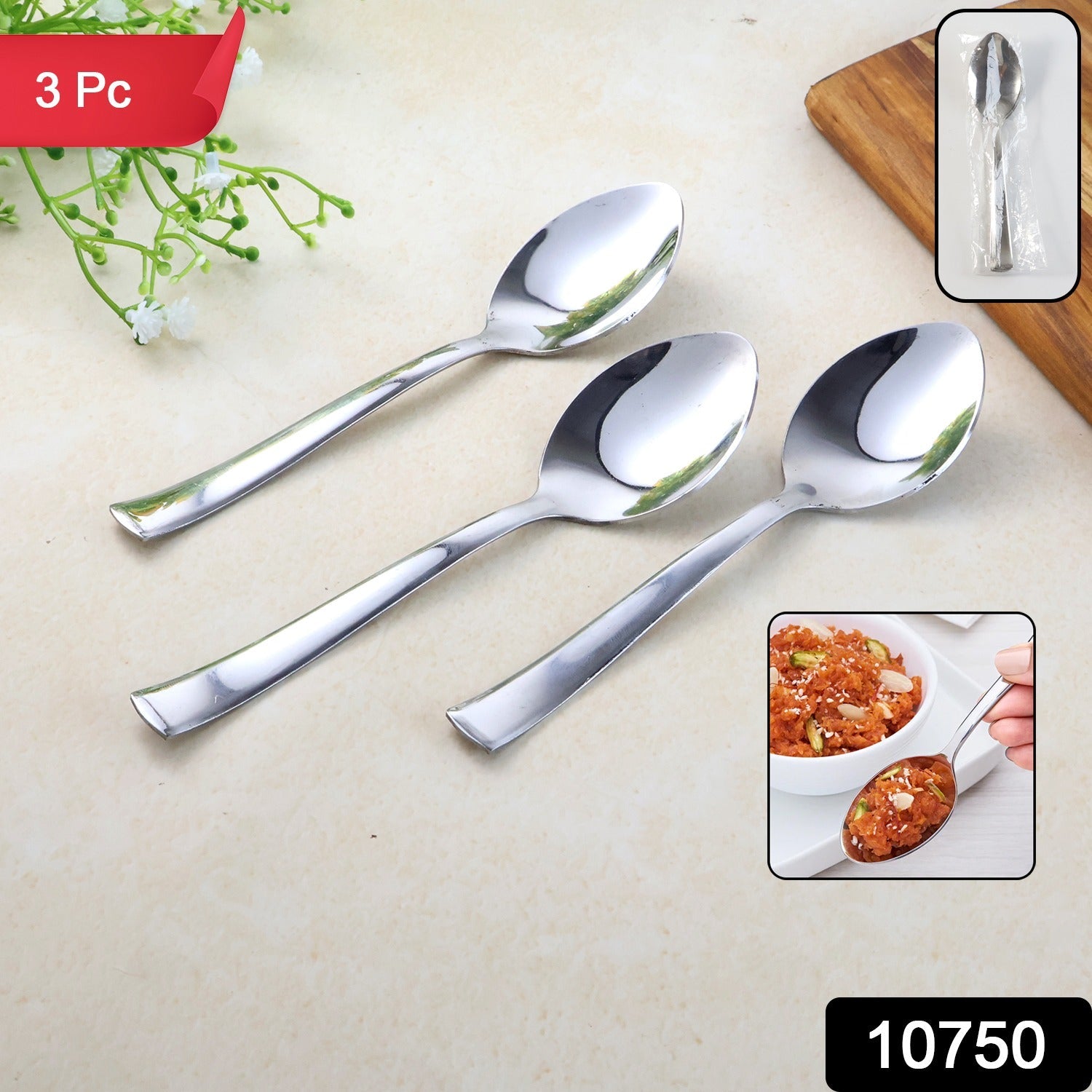 Stacked set of three compact rust-resistant dining spoons for easy storage