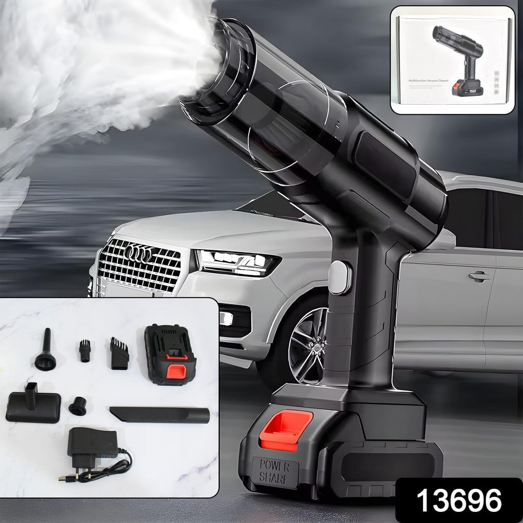 Compact portable vacuum cleaner being used to clean car interior, highlighting its cordless design.