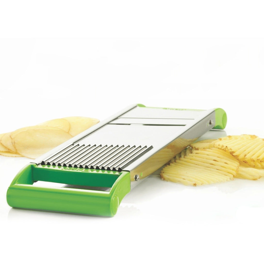 Side view of stainless steel vegetable slicer featuring ripple blade