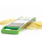 Side view of stainless steel vegetable slicer featuring ripple blade