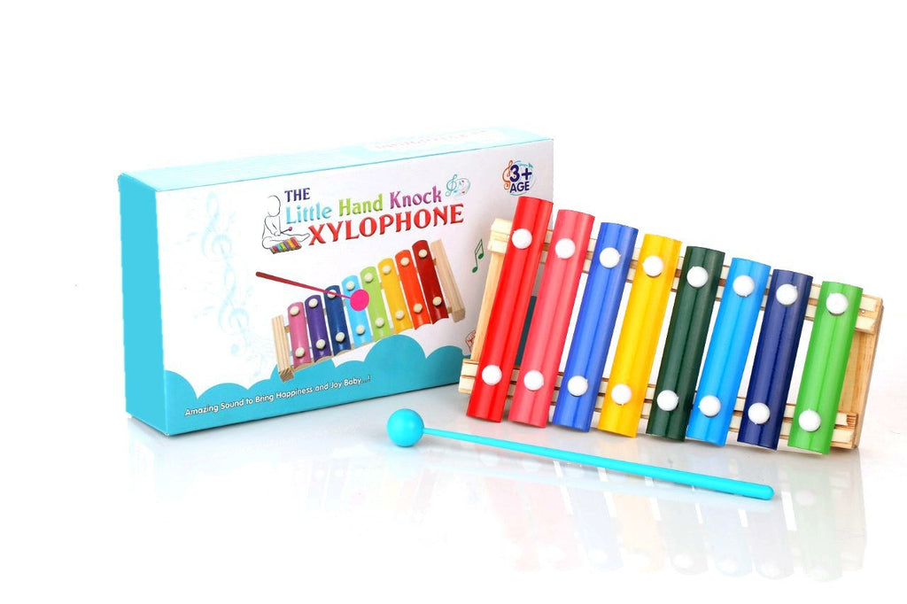 Full view of the 8-note wooden xylophone toy with bright multi-colored bars.
