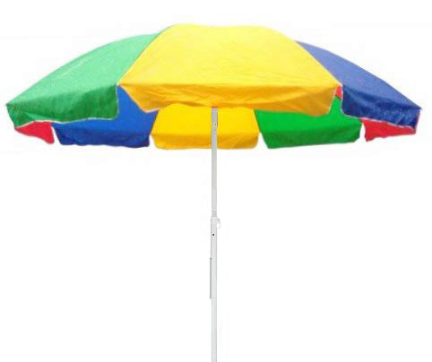 A colourful beach umbrella set up on a sandy beach, providing shade from the sun.