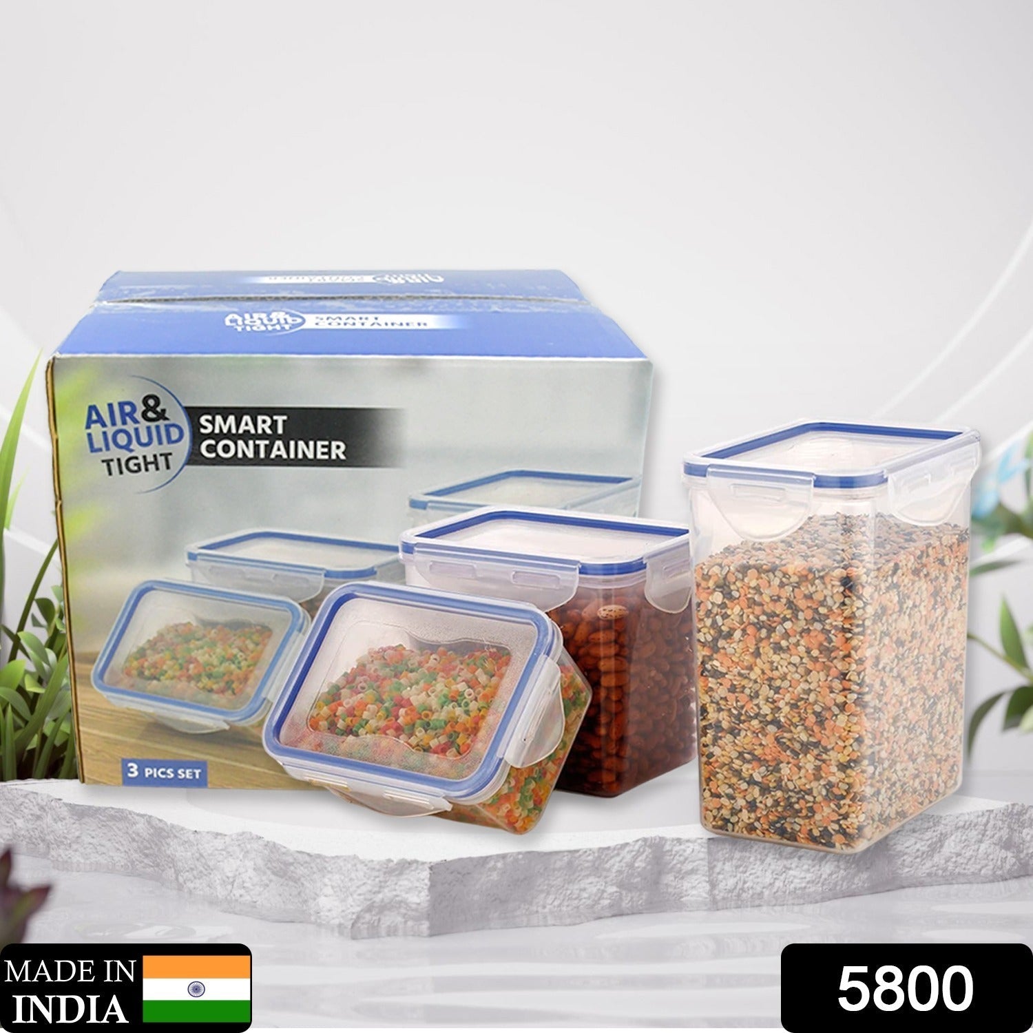 Organivo set of 3 rectangular airtight food storage containers with blue lids.