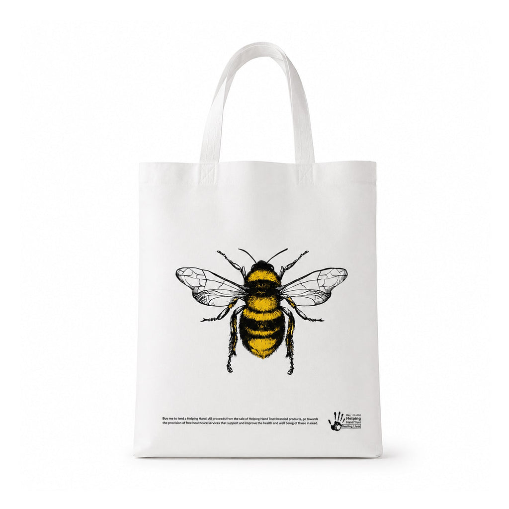 White background close-up of bee print tote bag