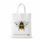 White background close-up of bee print tote bag