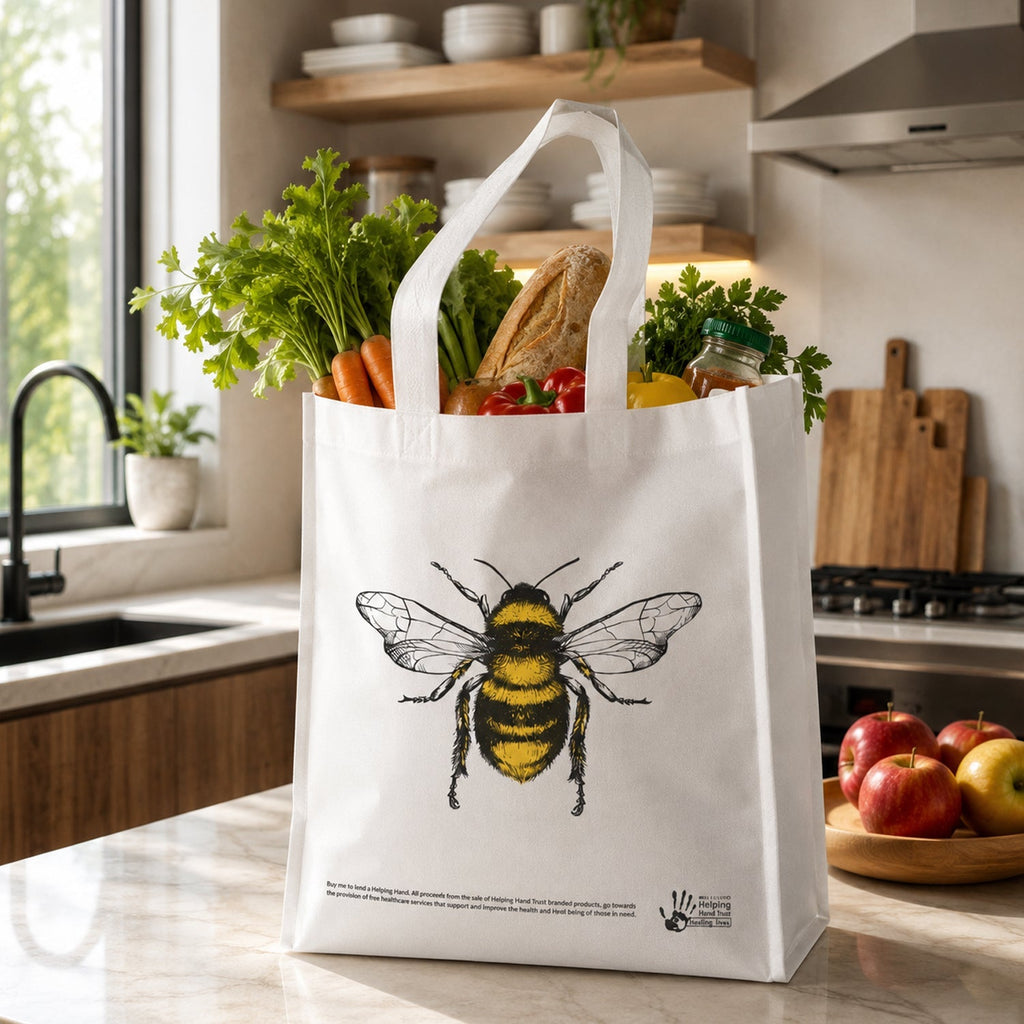 Bee print handbag filled with groceries in kitchen