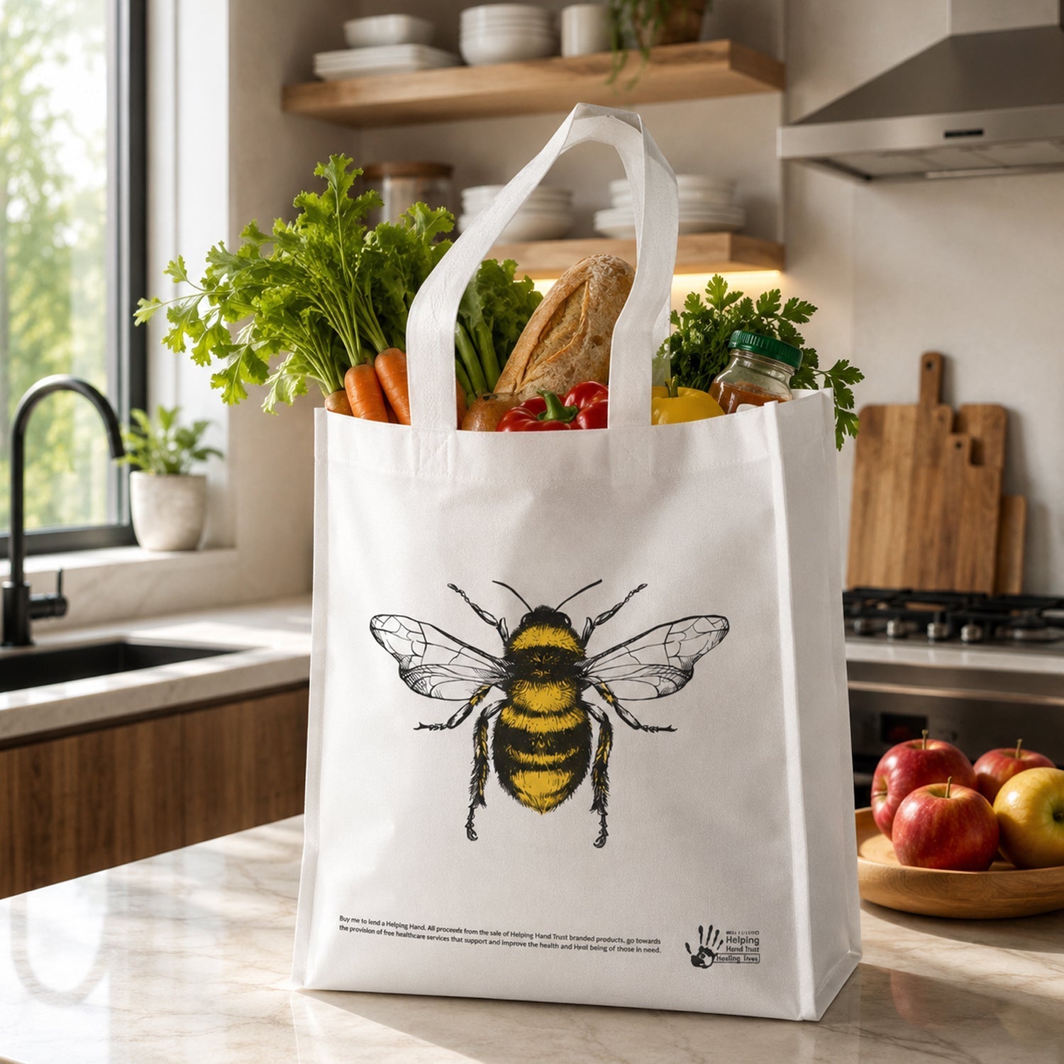 Bee print handbag filled with groceries in kitchen