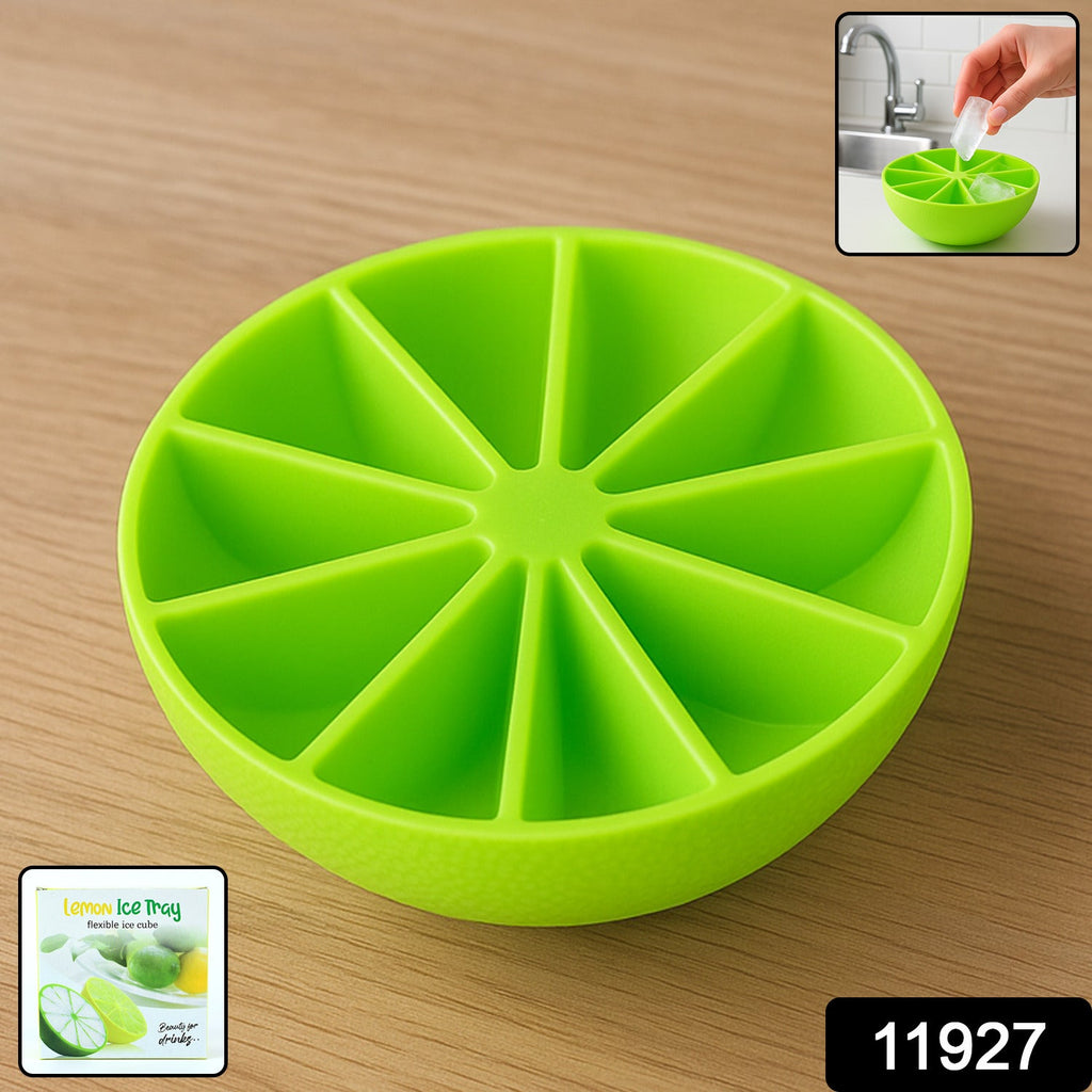 Bright green lemon wedge silicone ice cube tray filled with water ready to freeze