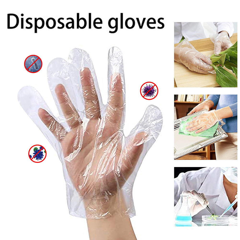 Bulk packaging of disposable clear gloves, showing multiple packs inside a larger box.