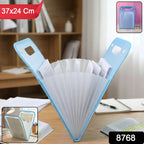 Expanding plastic file folder showing flexible storage capacity and handle