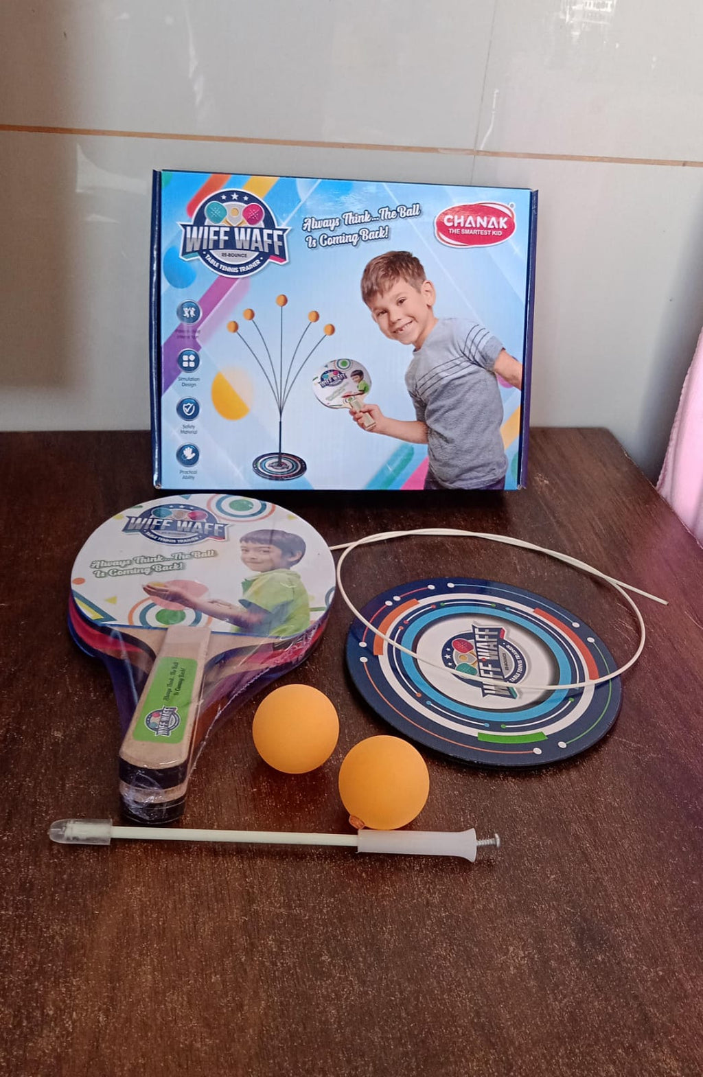 Product packaging for Portable Wiff Waff rebound table tennis trainer set.