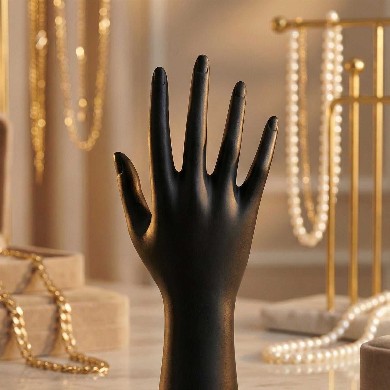 Black mannequin hand jewelry stand displaying assorted accessories