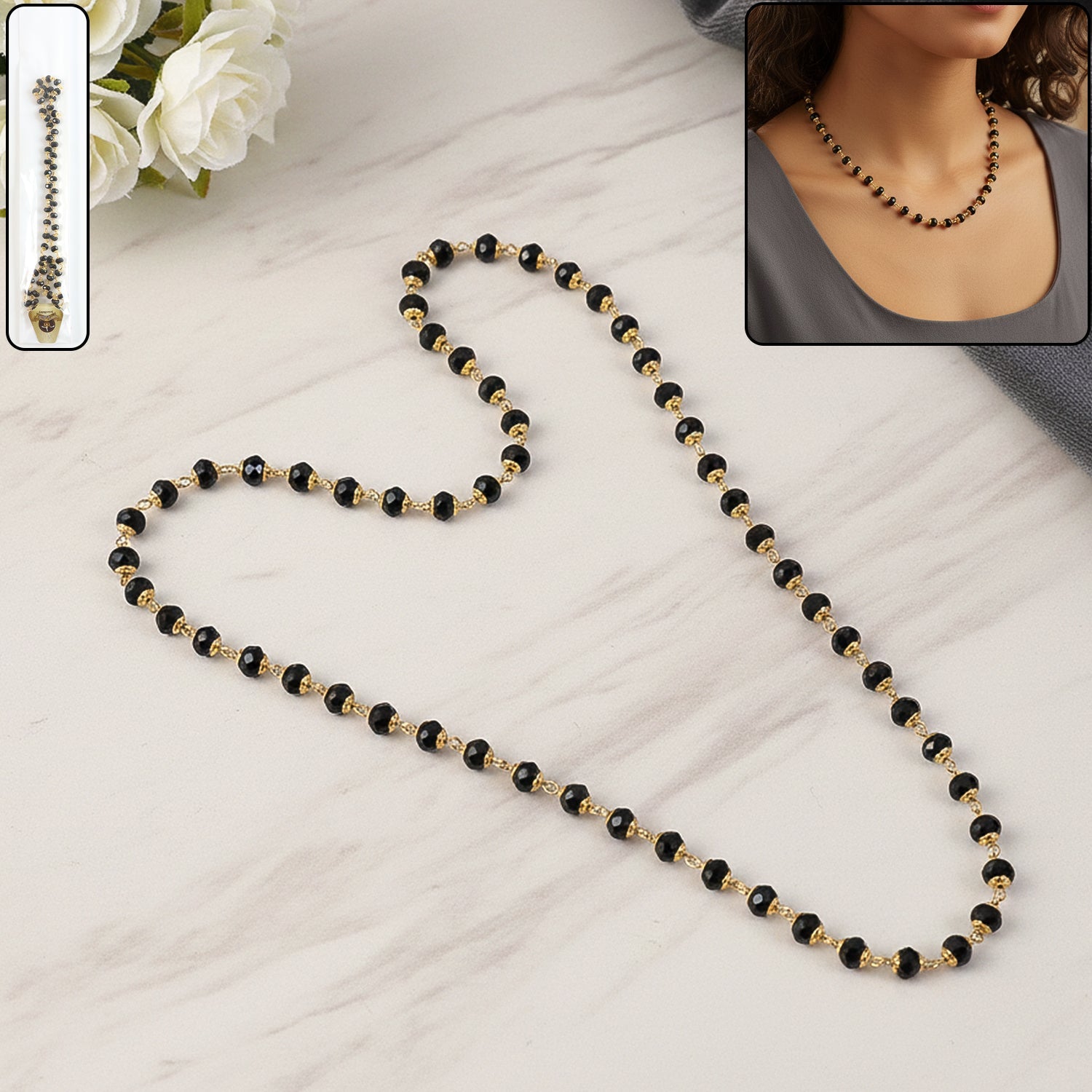 Traditional black beads mangalsutra style necklace with golden accents