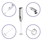 Portable electric milk mixer shown in action, frothing milk.
