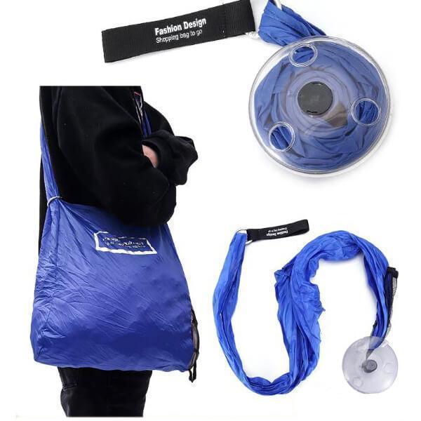 Blue portable disc-design foldable shopping bag, ideal for travel convenience.