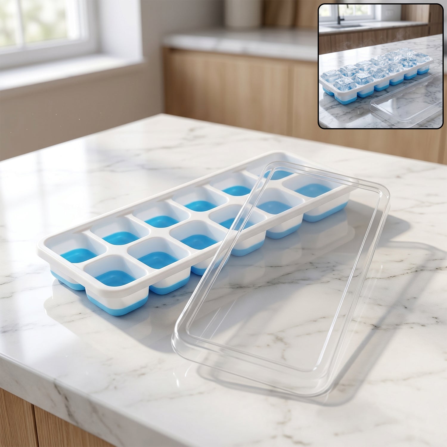 Blue plastic ice cube tray with lid for hygienic freezing