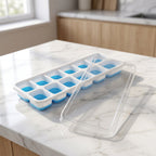 Blue plastic tray showing ice cubes