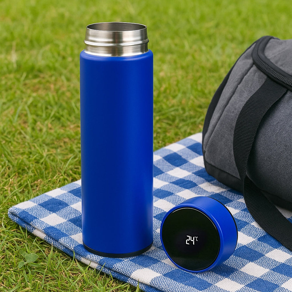 Blue insulated water bottle suitable for backpackers and travellers