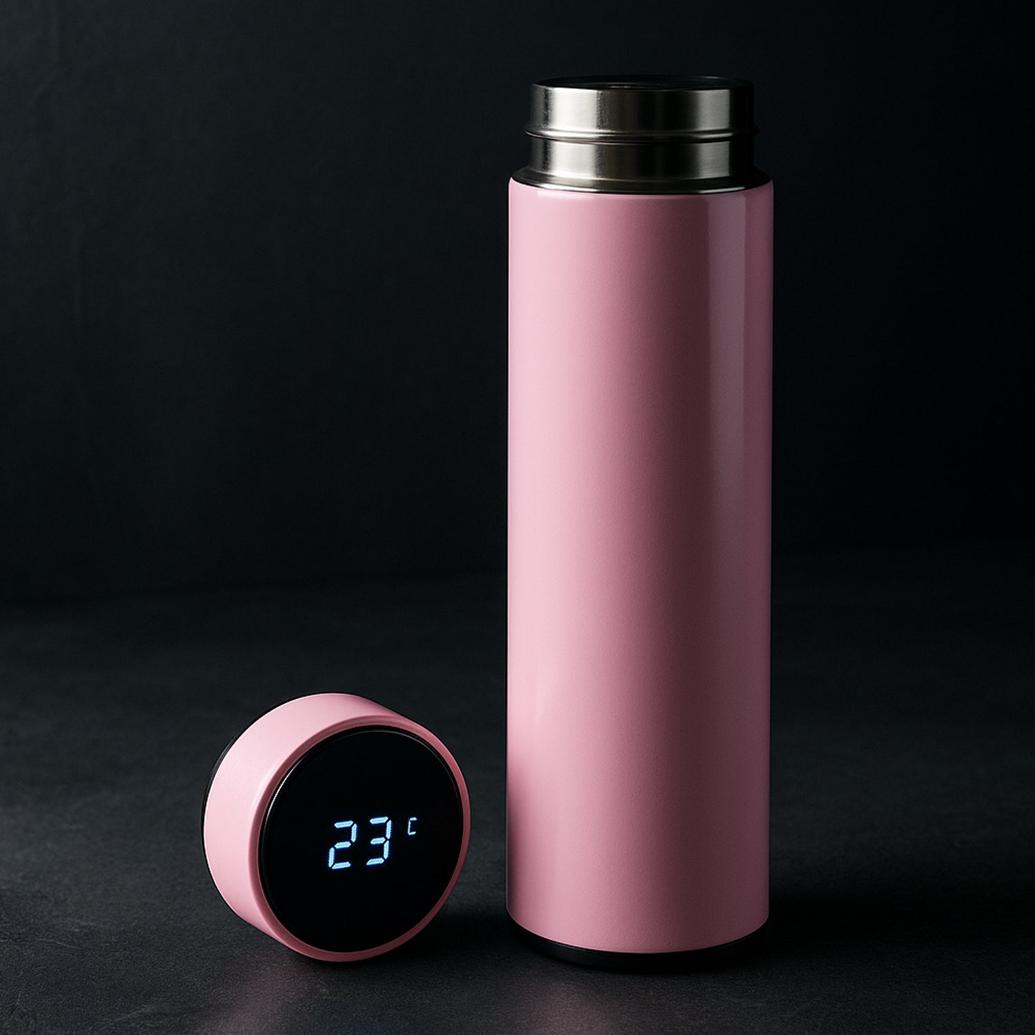 Pink smart vacuum insulated water bottle with LED temperature display