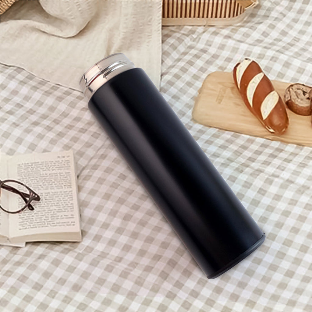 Smart LED temperature display on black vacuum water bottle