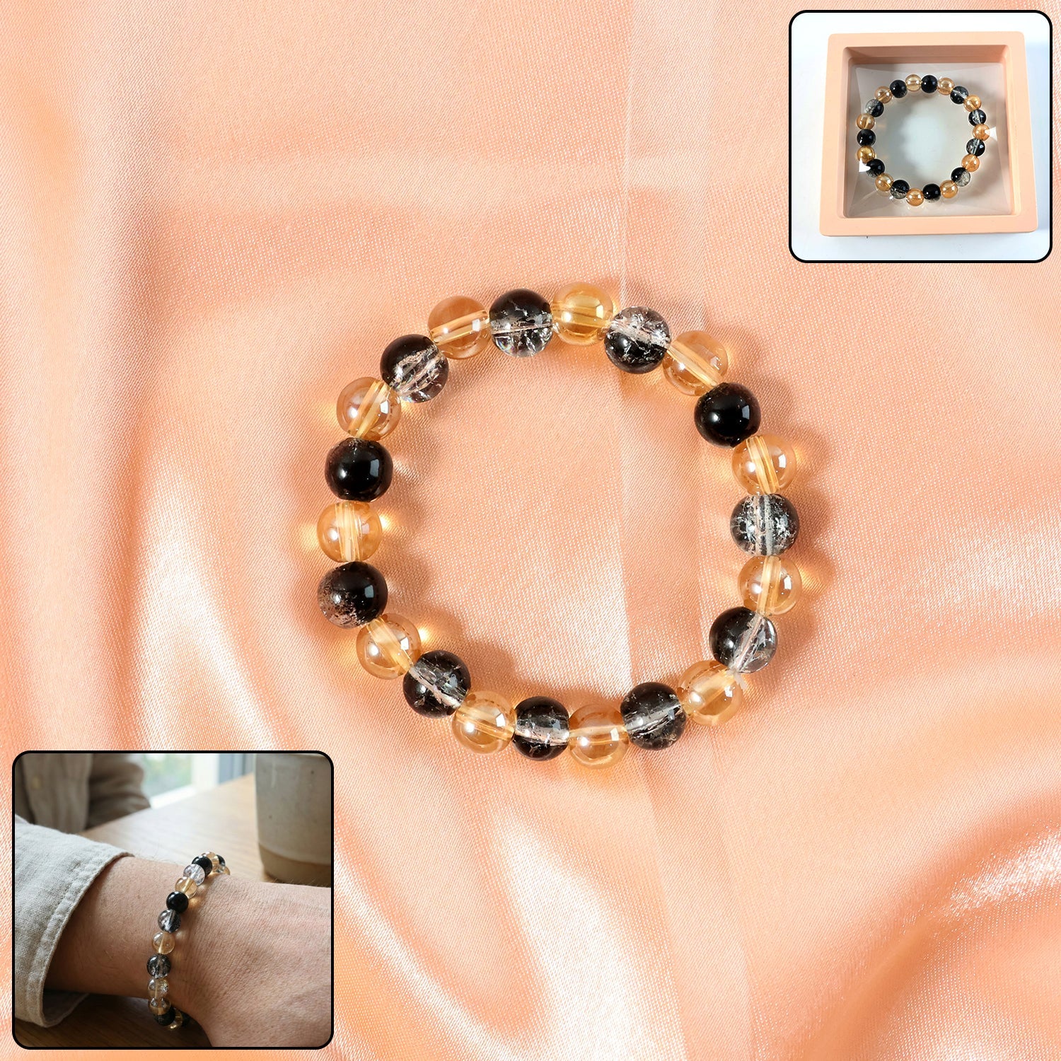 Front view of Dual-Tone Crystal Beaded Stretch Bracelet with translucent pink and gold beads