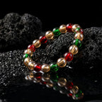 Close-up of high-shine multicolor beads on stretch bracelet for women