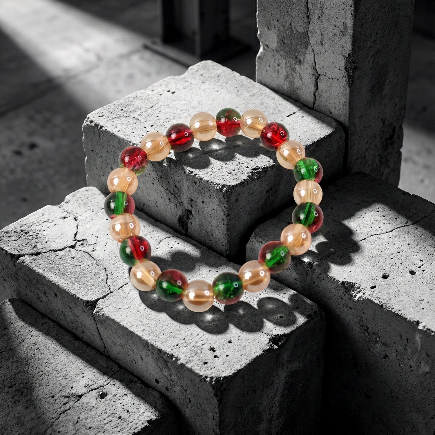 Glossy fashion beads making up colorful stretch bracelet for girls and women