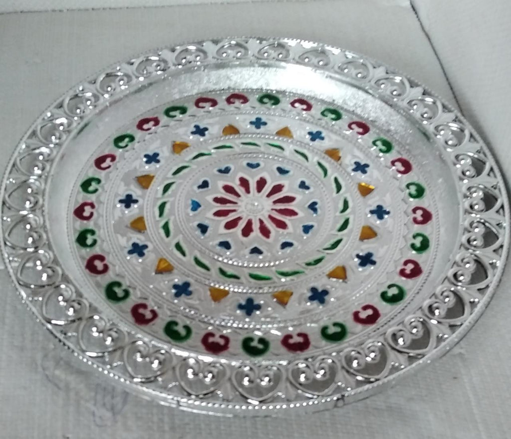 Elegant silver plated pooja thali, perfect for Indian traditional worship and ceremonies.