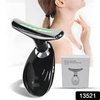 Woman using the Neck Face Massager on her neck to target fine lines and wrinkles.