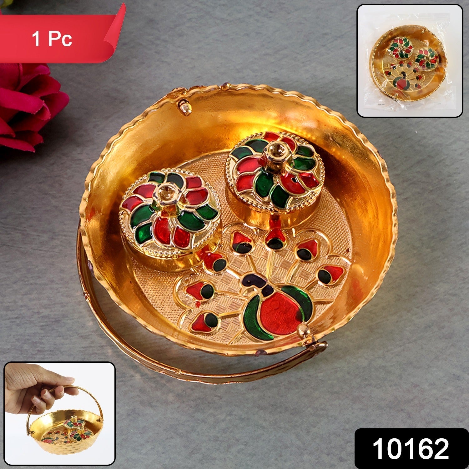 Top-down view of the gold-tone Peacock Meenakari Pooja Tray set.