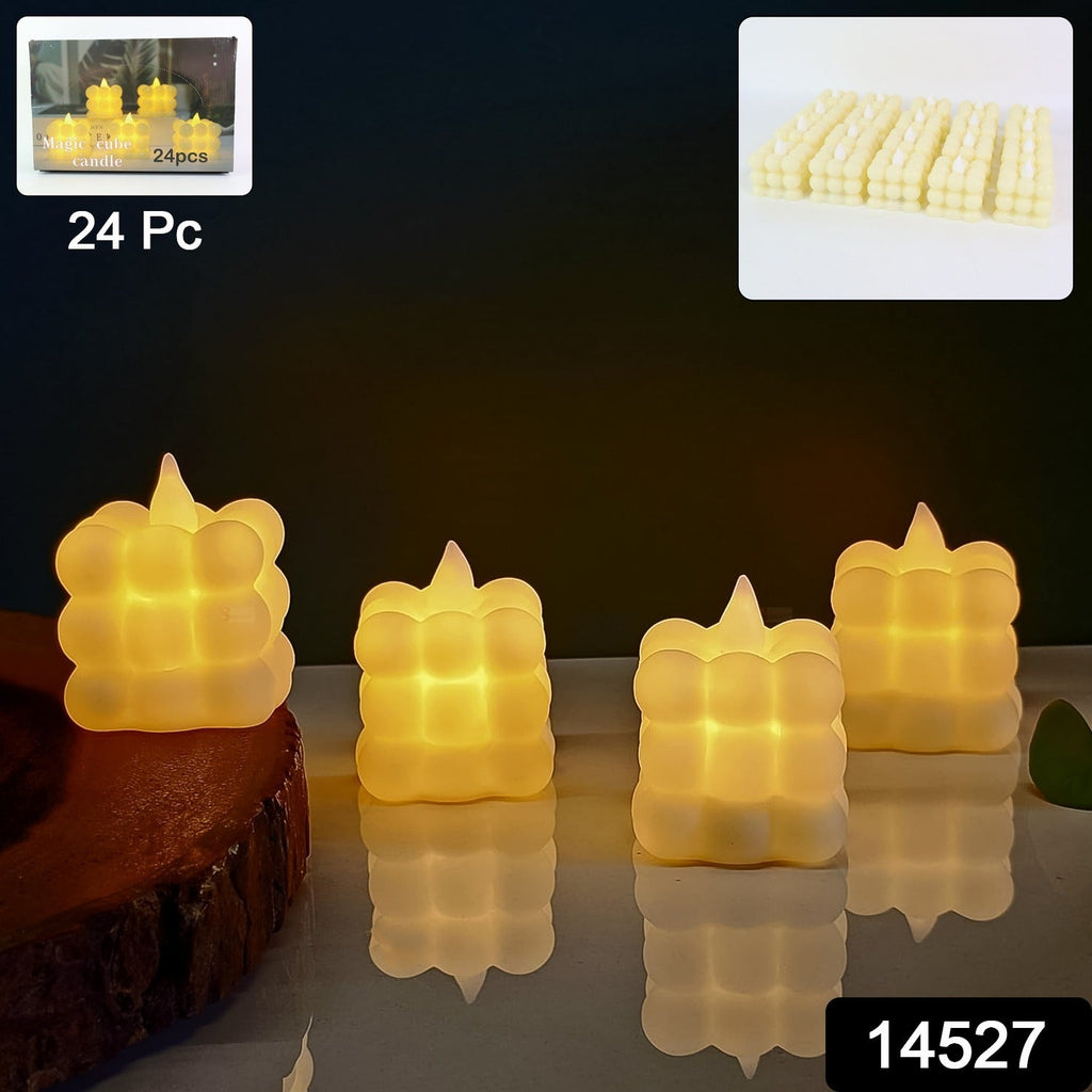 Battery operated LED cube candles arranged for festive and wedding decoration