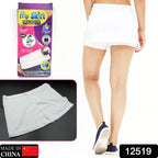 Side view of women's white athletic skort showing pleated hem.
