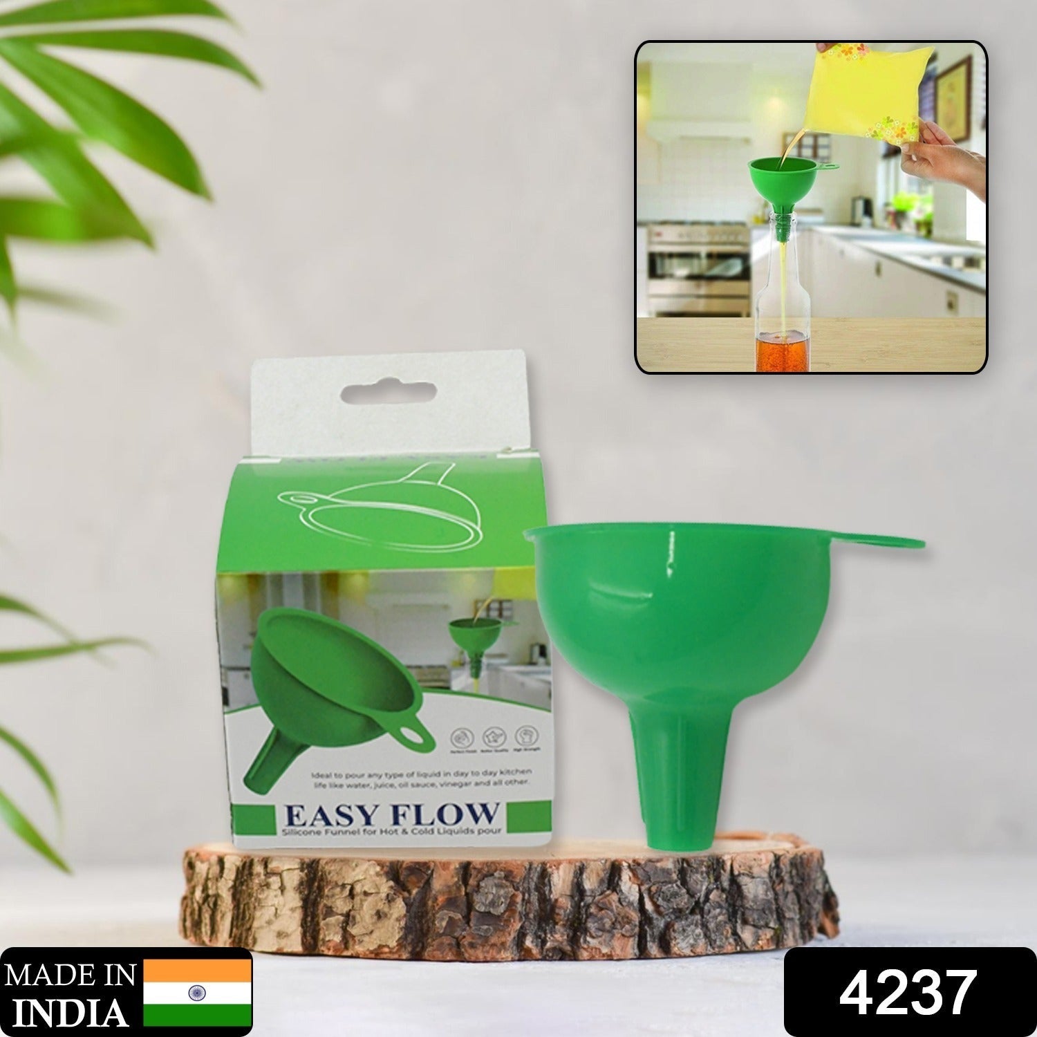 Flexible green silicone funnel shown with its convenient hanging loop feature.